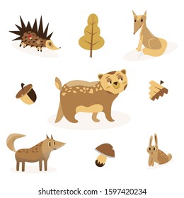 Cartoon forest animals characters set. Set of woodland animals illustration.  Bunny, rabbit, fox, bear, wolf, hedgehog. Isolated on white background. Stock Vector illustration
