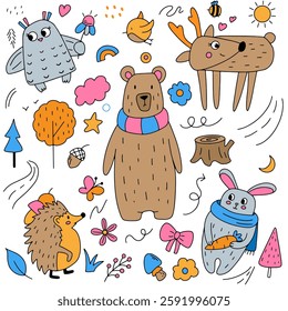 Cartoon forest animals in children's hand-drawn style for design, pattern: brown bear, gray hare with carrot, owl with flower, deer, hedgehog with mushroom and apple