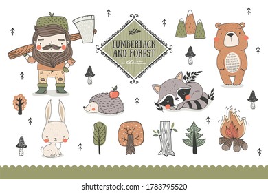 Cartoon forest animals and funny lumberjack characters collection. Teddy bear, rabbit, raccoon, hedgehog, trees and bonfire doodle sticker set. Hand drawn tee print elements design vector illustration