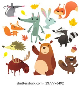 Cartoon forest animals. Funny cartoon animals set. Flat vector illustration design. Squirrel, mouse, badger, wolf, fox, beaver, bear, moose