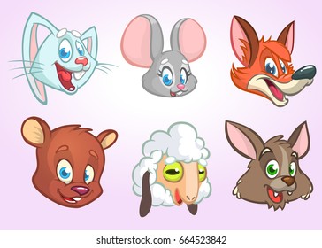 Cartoon forest animals head icons. Vector set of wild and farm animals including bunny rabbit, mouse, fox, bear, sheep and wolf. Illustrations isolated on white. Design elements for print, logo