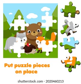 Cartoon forest animals. Jigsaw puzzle for toddlers. Match pieces and complete picture. Educational children activity, kids page