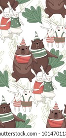 Cartoon forest animals. Forest animals made in funny cartoon style. Seamless pattern of bears, rabbits, foxes and owls. Children goods design texture.