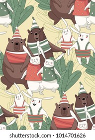Cartoon forest animals. Forest animals made in funny cartoon style. Seamless pattern of bears, rabbits, foxes and owls. Children goods design texture.