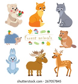 Cartoon Forest Animals Pack. Cute Vector Set. Bear. Fox. Wolf. Hedgehog. Beaver. Moose. Hare. Deer. Forest Animals Toys. Forest Animals Party. Forest Animals Stickers. Forest Animals Baby.