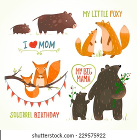 Cartoon Forest Animals Parent with Baby Birthday Party Cards. Brightly colored childish animals. Mothers and children. Vector illustration.