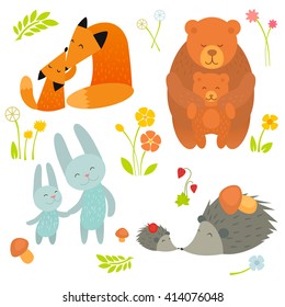 Cartoon Forest Animals Parent with Baby Mother's Day Cards. Brightly colored childish animals. Mothers and children. Vector illustration. Cute animals for Mother's Day. Animals mom and baby