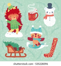 Cartoon forest animals playing outside in snow. Winter activities and attributes. Vector children's illustration with grunge paper texture for print. Set with fun little hedgehog and owl. Part 1.
