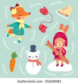 Cartoon forest animals playing outside in snow. Winter sports and attributes. Vector children's illustration for print. Cute little bunny girl with skis and fox skate. Part 2