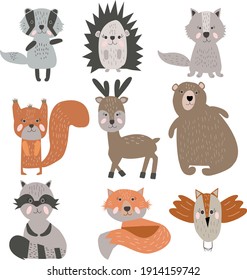 Cartoon Forest Animals  set. Brightly colored childish animals.  Vector illustration.