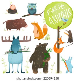 Cartoon Forest Animals Set. Brightly Colored Childish Animals. Vector Illustration EPS8.