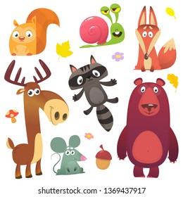 Cartoon forest animals set. Flat vector illustrations design. Squirrel, snail,raccoon, mouse, fox,deer or moose, bear