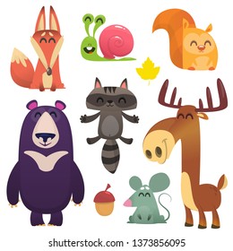 Cartoon forest animals set. Flat vector illustrations design. Squirrel, snail, raccoon, mouse, fox,deer or moose, bear