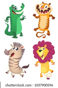 Cartoon forest animals set. Vector set of animal icons isolated on white. Vector illustration of crocodile, tiger, zebra, lion