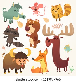 Cartoon forest animals set. Vector illustrated. Squirrel, mouse, raccoon, boar, fox, buffalo, bear, moose, bird. Isolated