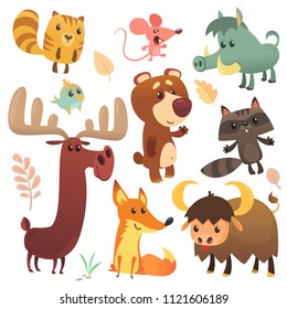 Cartoon forest animals set. Vector illustrated. Squirrel, mouse, raccoon, boar, fox, buffalo, bear, moose, bird. Isolated