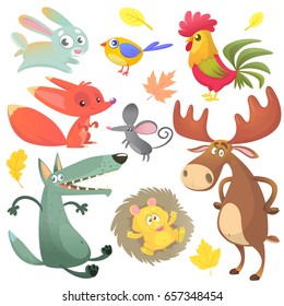 Cartoon forest animals set. Vector illustration. Bunny rabbit, rooster, fox, mouse, wolf, hedgehog, moose elk and blue yellow bird. Set of animals icons, emblems or logos isolated