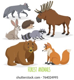 Cartoon forest animals set. Wolf, hedgehog, moose, hare, raccoon, bear and fox. Funny comic creature collection. Vector educational illstrations.