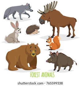 Cartoon forest animals set. Wolf, hedgehog, moose, hare, squirrel, bear and wild boar. Funny comic creature collection. Vector educational illstrations.