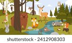 Cartoon forest animals. Summer woodland with bear, fox and wolf, hare and beaver in stream, squirrel and badger, owl and woodpecker, snake. Trees and bushes. Vector illustration. Wildlife environment