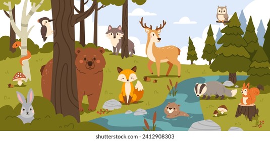Cartoon forest animals. Summer woodland with bear, fox and wolf, hare and beaver in stream, squirrel and badger, owl and woodpecker, snake. Trees and bushes. Vector illustration. Wildlife environment