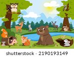 Cartoon forest animals in wild nature. Natural landscape with lake, cute bear, squirrel, fox, wildlife wolf and deer. Hare hole, woodpecker hollow and birds on trees. Woodland burrow with hedgehog.