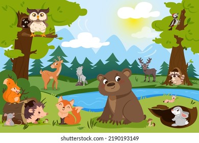 Cartoon forest animals in wild nature. Natural landscape with lake, cute bear, squirrel, fox, wildlife wolf and deer. Hare hole, woodpecker hollow and birds on trees. Woodland burrow with hedgehog.
