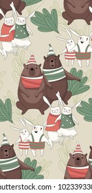 Cartoon forest animals.Forest animals made in funny cartoon style. Seamless pattern of bears, rabbits, foxes and owls. Children goods design texture.