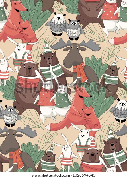 Cartoon forest animals.Forest animals made in\
funny cartoon style. Seamless pattern of bears, rabbits, foxes and\
owls. Children goods design\
texture.