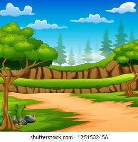 Cartoon of forest background with dirt road