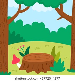 Cartoon forest background. Empty nature woodland landscape with trees, plants, mushroom, stump, grass. Wild thicket square scene for picture or story book creation
