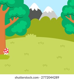 Cartoon forest background. Empty nature woodland landscape with trees, plants, mountains, grass. Wild thicket square scene for picture or story book creation
