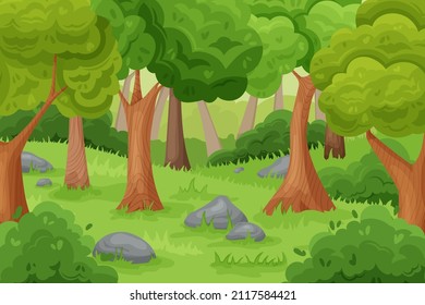 Cartoon Forest Background. Green Wood With Old Trees Bushes And Grass. Outdoor Nature Landscape. Vector Illustration