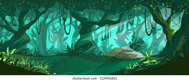 Cartoon forest background. Magic wood with green trees, bushes and sun rays. Woodland panorama. Wild nature. Plant branches with lianas. Fantasy landscape. Vector fairy tale wallpaper