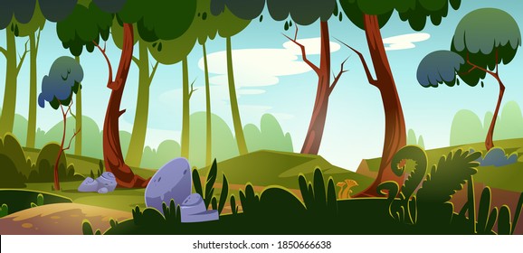 Cartoon forest background, nature landscape with deciduous trees, rocks, green grass and bushes on ground. Beautiful scenery view, summer or spring wood or park area with plants, vector illustration