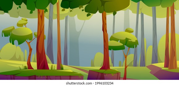 Cartoon forest background, nature landscape with deciduous trees, green grass, trunks silhouettes and ground path. Scenery view, summer or spring wood pc game parallax effect, vector illustration