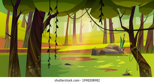 Cartoon-Waldhintergrund, Naturlandschaft mit Laubbäumen, Moos und Lianen auf Stämmen und Felsen, Gras, Büsche und Sonnenlichtflecken auf dem Boden. Landschaftssommer oder -feder-Holz, Vektorgrafik