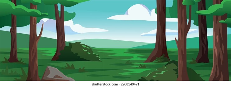 Cartoon forest background, nature landscape with  trees. Scenery summer or spring wood parallax natural scene. Vector illustration eps