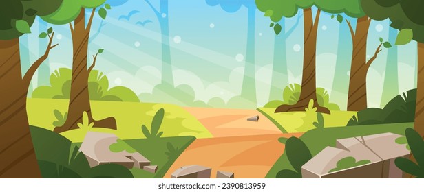 Cartoon Forest Background, Nature Landscape With Path, Deciduous Trees, Rocks, Green Grass And Bushes On Ground