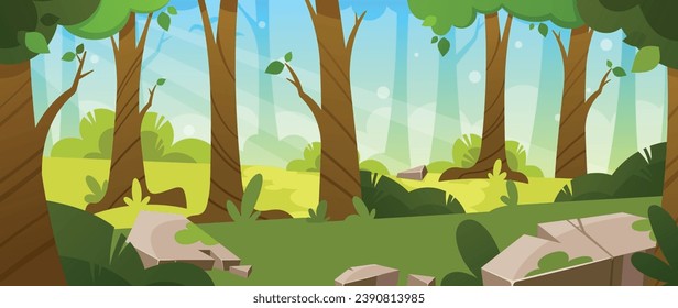 Cartoon Forest Background, Nature Landscape. Scenery Summer Or Spring Wood Parallax Natural Scene, With Deciduous Trees