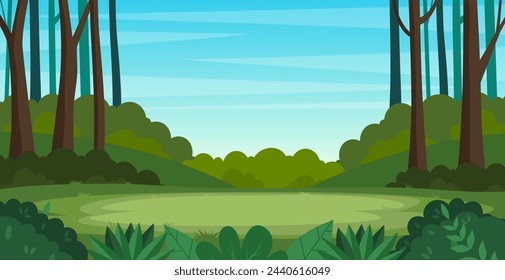 Cartoon forest background, nature landscape with deciduous trees, green grass, bushes. Scenery view, summer or spring wood. Vector illustration in flat style