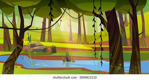 Cartoon forest background with stream flow under green trees with lianas along rocky shore. Wild nature landscape, beautiful scenery view, summer or spring wood area with plants, Vector illustration