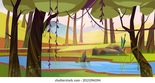 Cartoon forest background with stream flow, wood