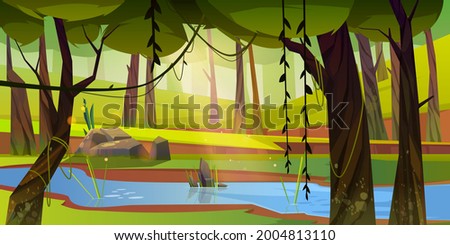 Cartoon forest background with stream flow under green trees with lianas along rocky shore. Wild nature landscape, beautiful scenery view, summer or spring wood area with plants, Vector illustration