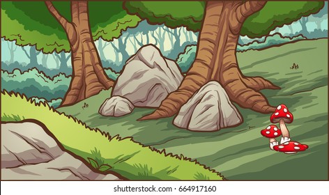 Cartoon forest background. Vector clip art illustration with simple gradients. Some elements on separate layers.