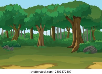 Cartoon Forest Background Vector, Forest, Trees, land, forest trees, jungle Background