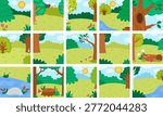 Cartoon forest backgrounds set. Empty nature woodland landscapes collection with trees, plants, stream, log, bushes. Wild thicket square scenes with anthill, mushrooms
