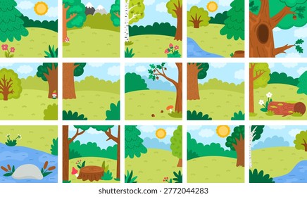 Cartoon forest backgrounds set. Empty nature woodland landscapes collection with trees, plants, stream, log, bushes. Wild thicket square scenes with anthill, mushrooms
