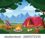 Cartoon forest camp landscape. Summer picnic in woodland, forest campsite travel camping with bonfire and tent nature background scene vacation brochure, tidy vector illustration