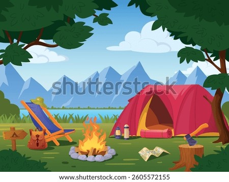 Cartoon forest camp landscape. Summer picnic in woodland, forest campsite travel camping with bonfire and tent nature background scene vacation brochure, tidy vector illustration